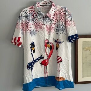 Flamingo American Flag Fireworks 4th of July Day Hawaiian button up Shirt